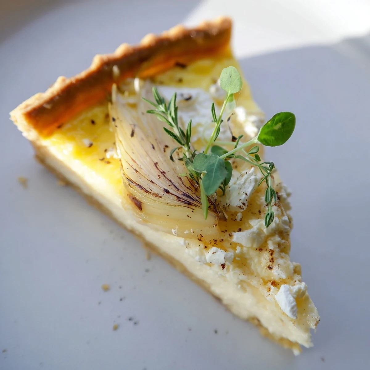 A close-up of Caramelized Onion and Goats Cheese Tart topped with fresh thyme and arugula.