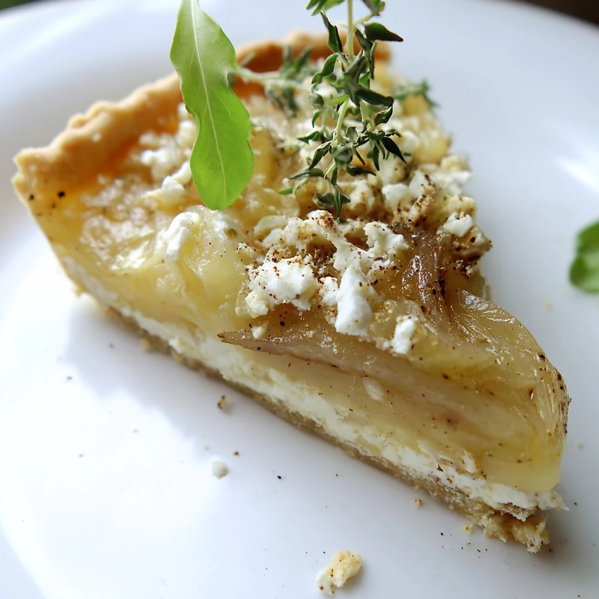 Sliced wedge of Caramelized Onion and Goats Cheese Tart on a plate, ready for a light dinner.