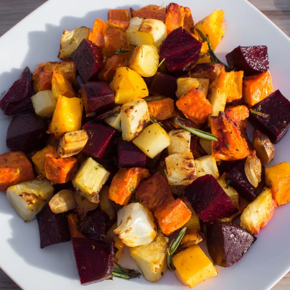 Golden brown roasted root vegetable medley with rosemary, steaming on a rustic wooden platter ready for serving.