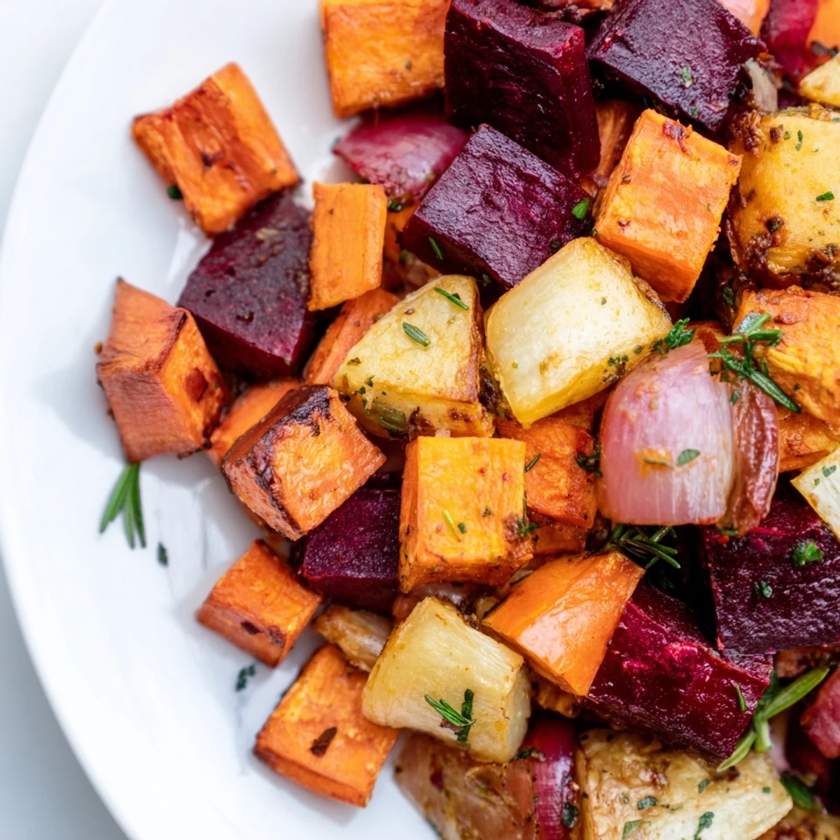 Fork-tender sweet potato, carrots, and parsnips in a roasted root vegetable medley with rosemary garnish.