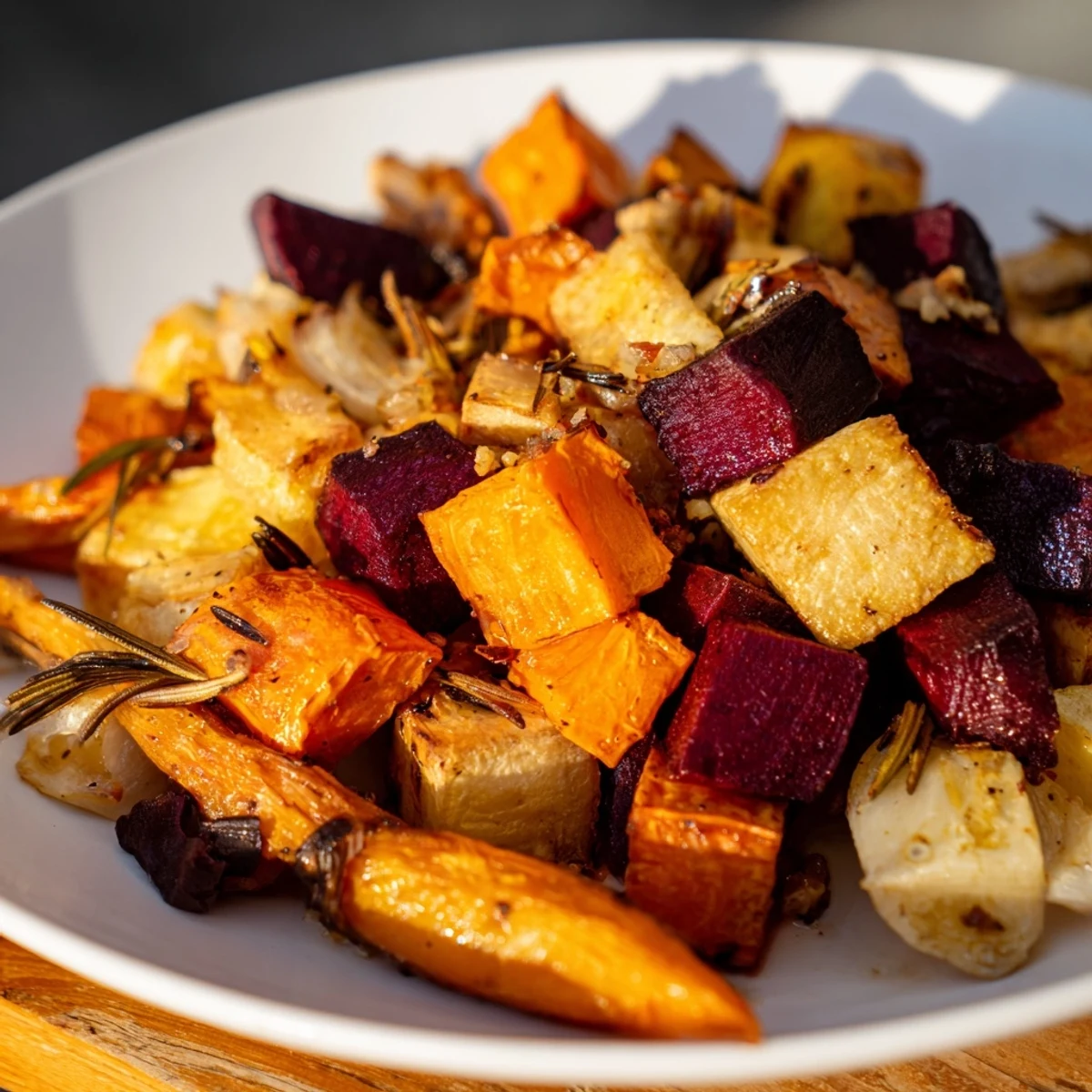 Colorful roasted root vegetable medley with rosemary, served family-style in a ceramic dish alongside grains.