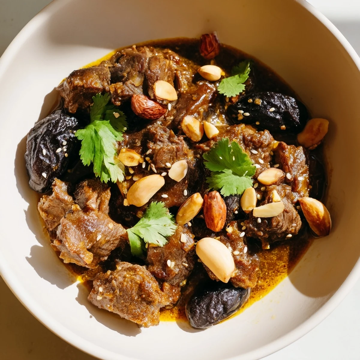 Fragrant Slow Cooked Lamb Tagine with Prunes served over fluffy couscous, garnished with toasted almonds and fresh cilantro for a cozy Moroccan dinner.