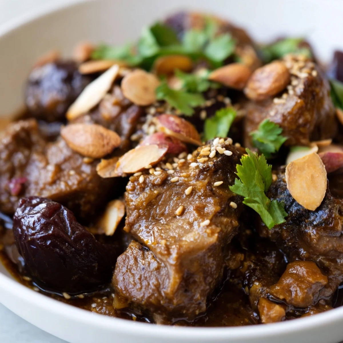 Garnished Slow Cooked Lamb Tagine with Prunes topped with toasted sesame seeds and almonds, perfect for a festive main dish with saffron rice.