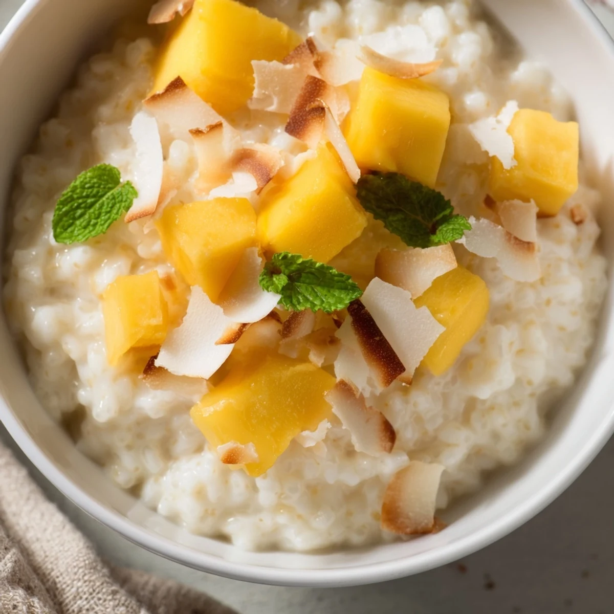 A serving bowl of Creamy Coconut Rice Pudding with Mango, topped with fresh mango chunks, toasted coconut flakes, and mint.