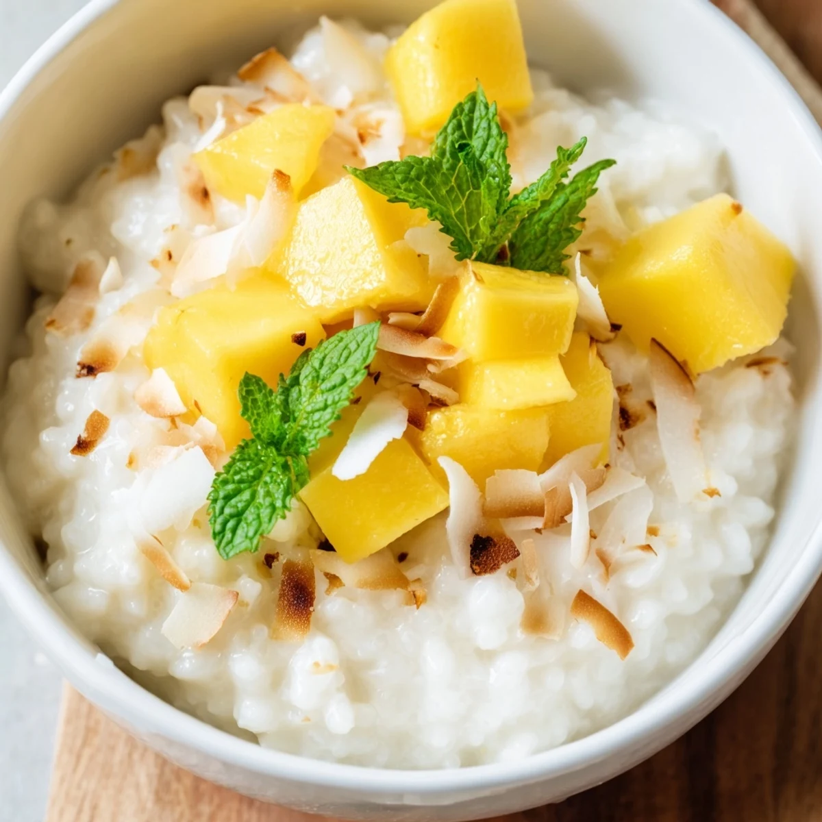 Overhead view of Creamy Coconut Rice Pudding with Mango featuring diced tropical fruit and rich, creamy coconut texture.