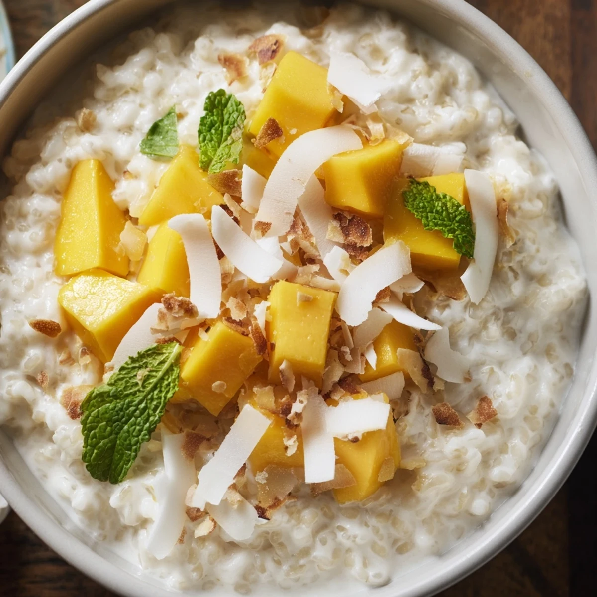 Warm Creamy Coconut Rice Pudding with Mango in a rustic ceramic bowl, garnished with fresh mint and toasted coconut.