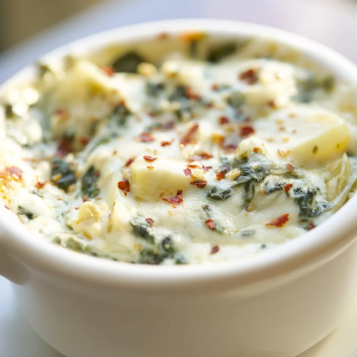 A freshly baked warm spinach and artichoke dip beside a colorful platter of crisp vegetables, ready to serve at a party.