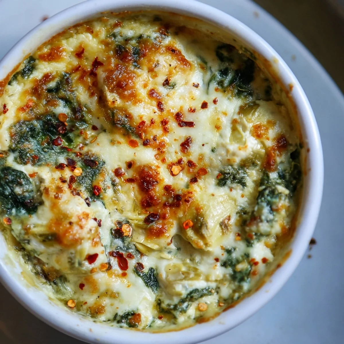 A close-up of warm spinach and artichoke dip with bubbly cheese and bright crudités like carrots, peppers, and cucumbers for dipping.