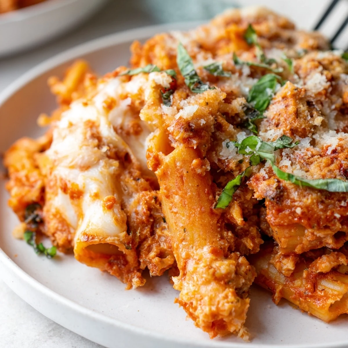 Golden, bubbling Baked Ziti with Ricotta and Marinara fresh from the oven, steam rising.