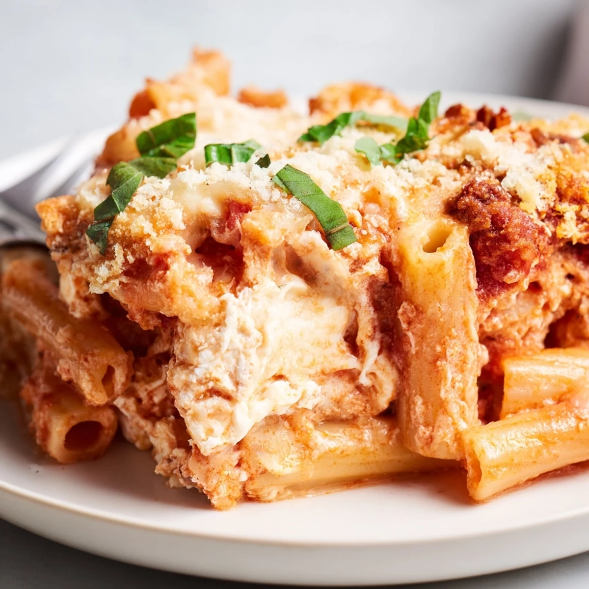 Spoon serving Baked Ziti with Ricotta and Marinara alongside crisp green salad and garlic bread.