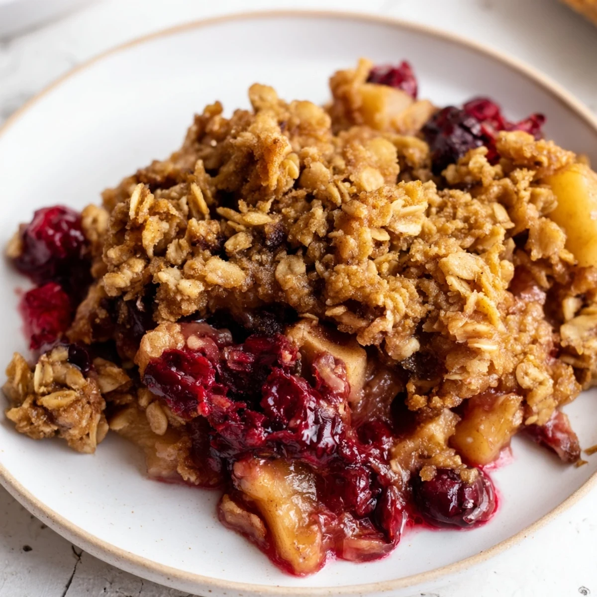 Warm Cranberry Apple Crisp with Brown Sugar served in a rustic bowl, topped with a scoop of vanilla ice cream melting slowly.
