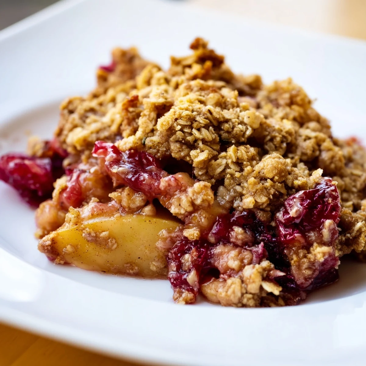 Freshly baked Cranberry Apple Crisp with Brown Sugar bubbling in a dish, revealing golden oat crumble over tart and sweet fruit.