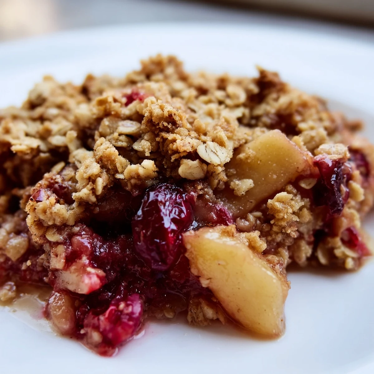 Homemade Cranberry Apple Crisp with Brown Sugar cooling on a wooden table, showcasing tender apples and ruby cranberries under a crunchy topping.