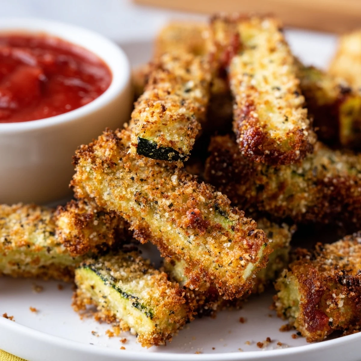 Golden Baked Zucchini Fries with Parmesan arranged on a baking sheet, served with a small bowl of red marinara sauce for dipping.