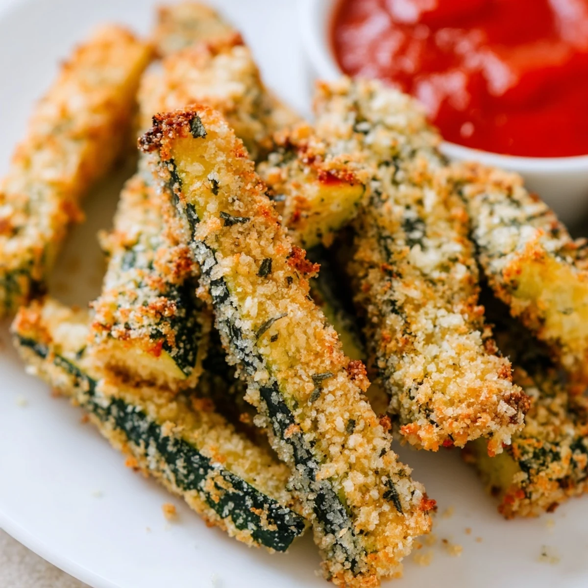 A close-up of Baked Zucchini Fries with Parmesan stacked on a plate, highlighting the savory, crunchy coating and tender zucchini inside.