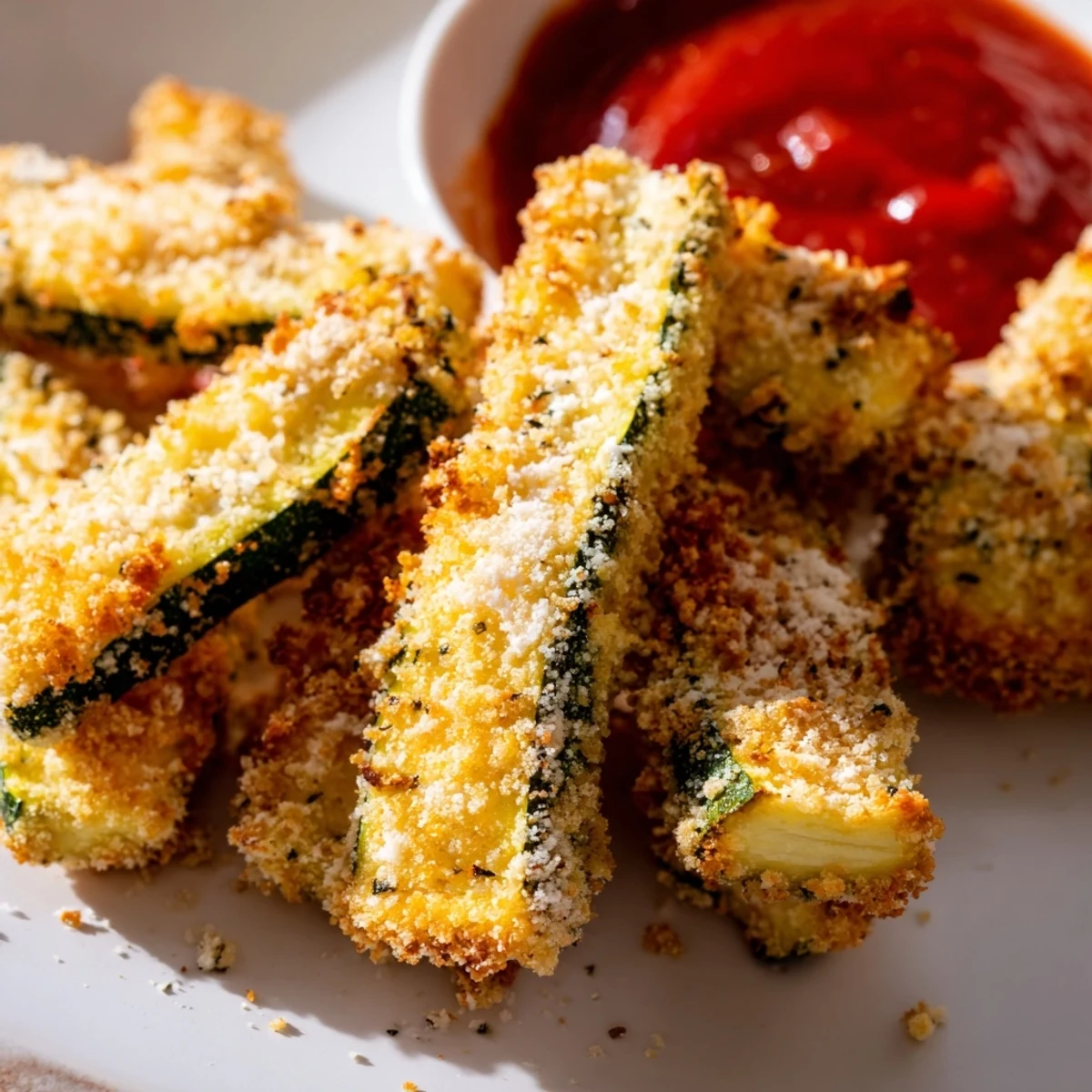 Freshly baked Baked Zucchini Fries with Parmesan on a wire rack, showing a crispy texture and golden-brown crumbs in a kitchen setting.