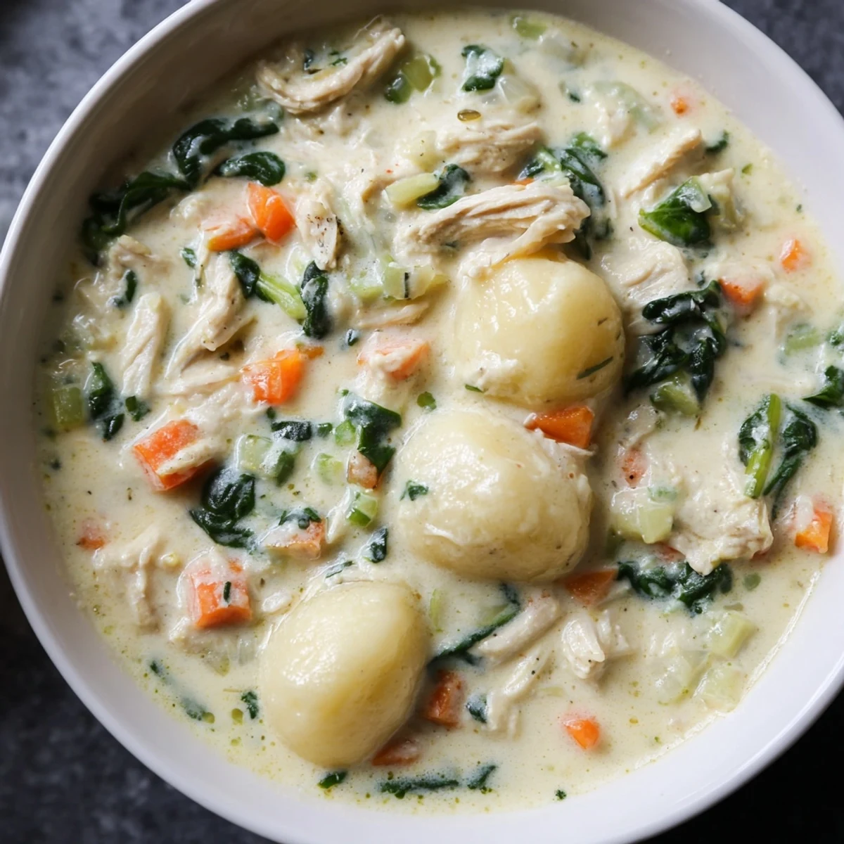 Creamy chicken gnocchi soup with spinach in a rustic bowl, steaming warmly.