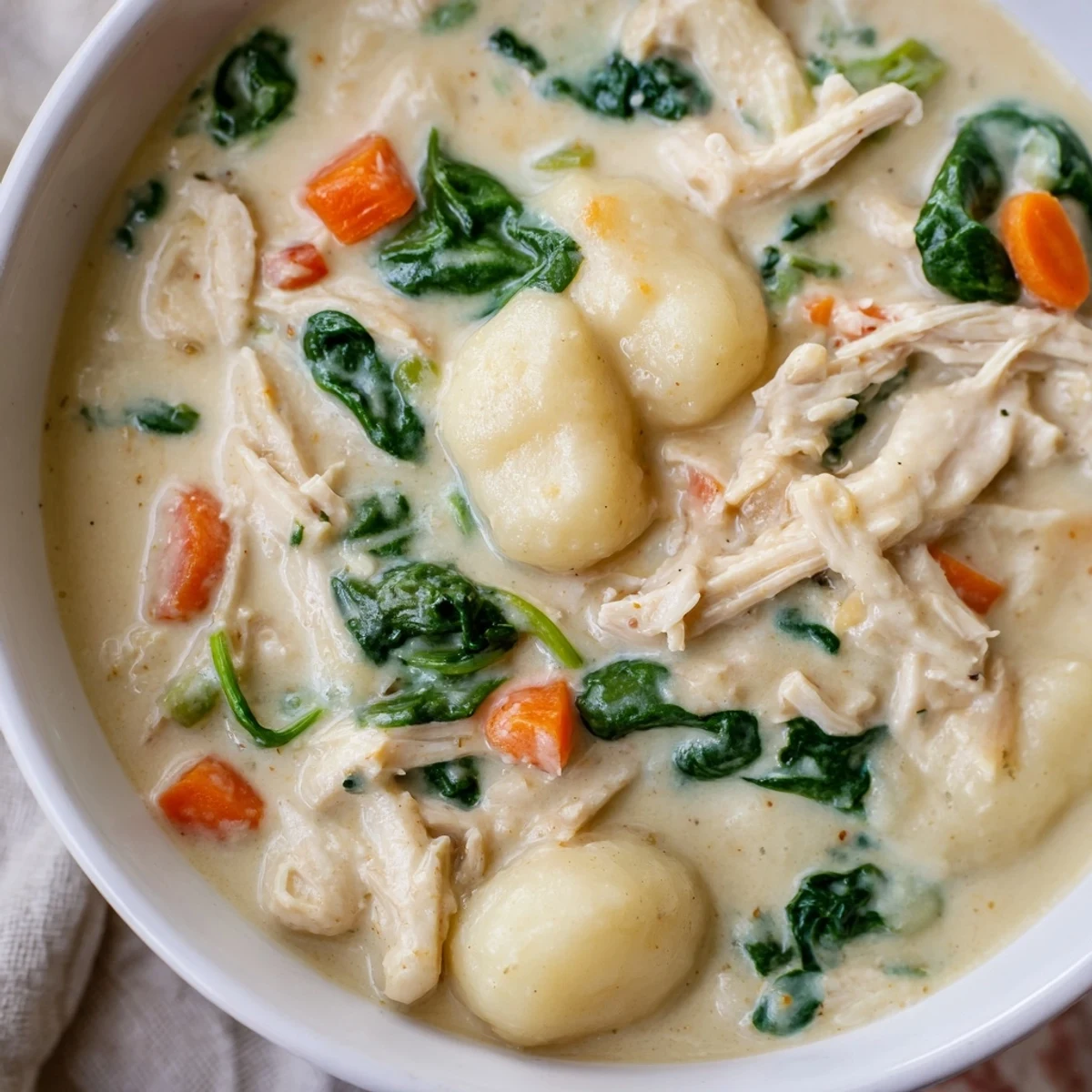 Hearty creamy chicken gnocchi soup garnished with fresh spinach and herbs.