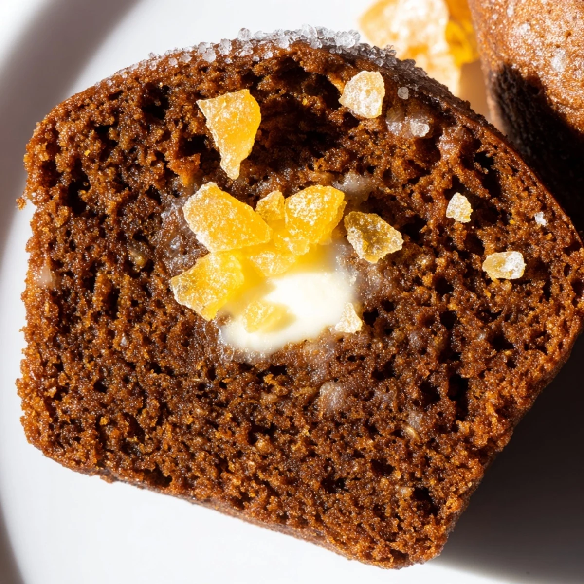 Freshly baked Gingerbread Muffins with warm spices and crystallized ginger, resting on a wooden board ready to be served.
