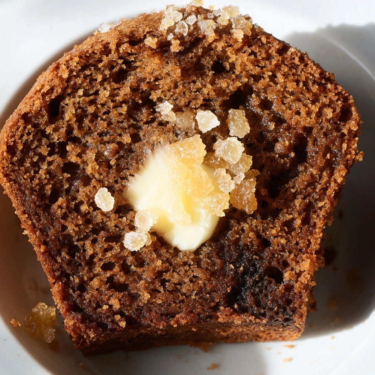 A warm Gingerbread Muffin is sliced open on a plate, revealing a soft and moist spiced interior.