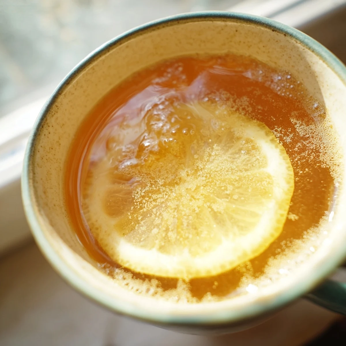 A close-up of Spiced Hot Toddy in a clear mug, honey swirl and cinnamon sticks visible.