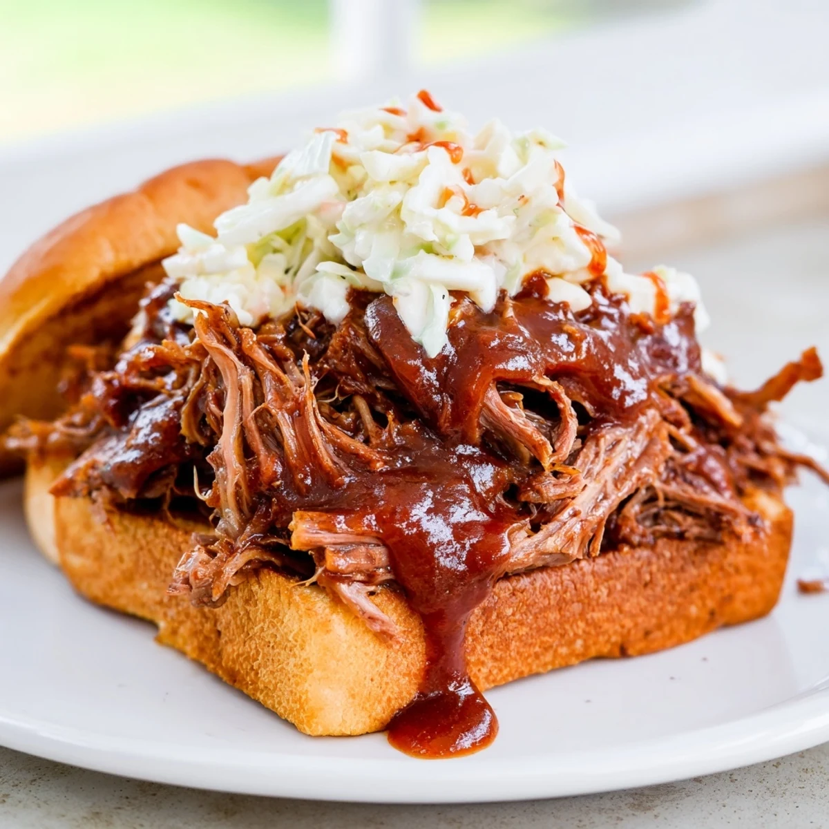 Shredded beef from a slow cooker piled onto soft buns, drizzled with barbecue sauce for serving.