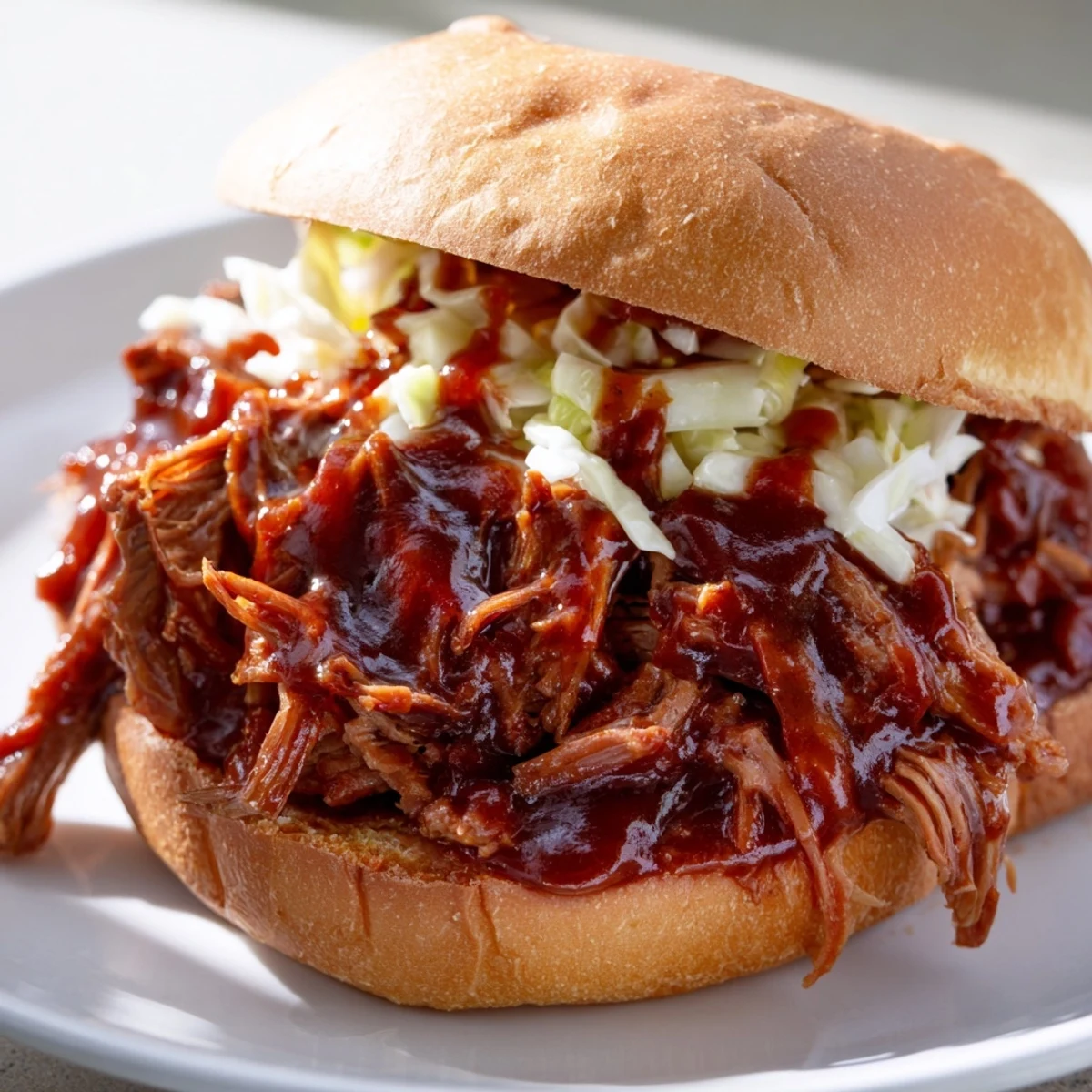 Slow Cooker Pulled Beef Sandwiches piled high with tender shredded meat on toasted buns, ready to serve.