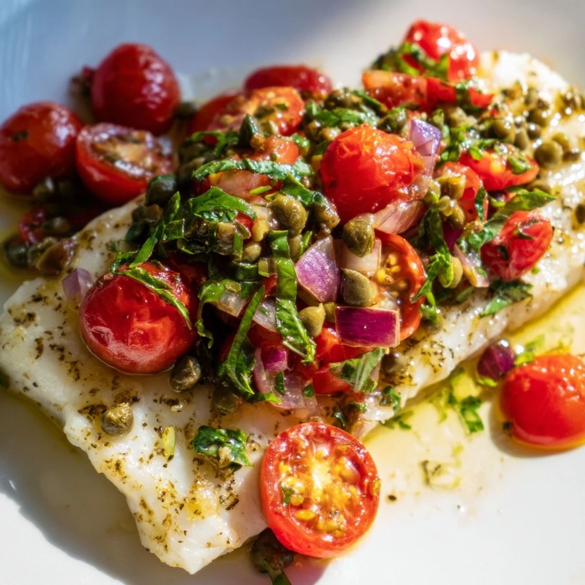 Oven-baked Baked Halibut with Tomato Basil Relish on a plate, topped with juicy tomatoes and fresh basil.
