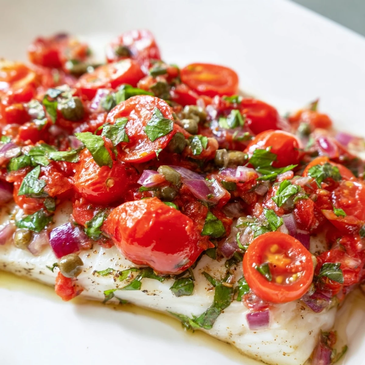 Golden-brown Baked Halibut with Tomato Basil Relish fresh from the oven, flaky and ready to serve.