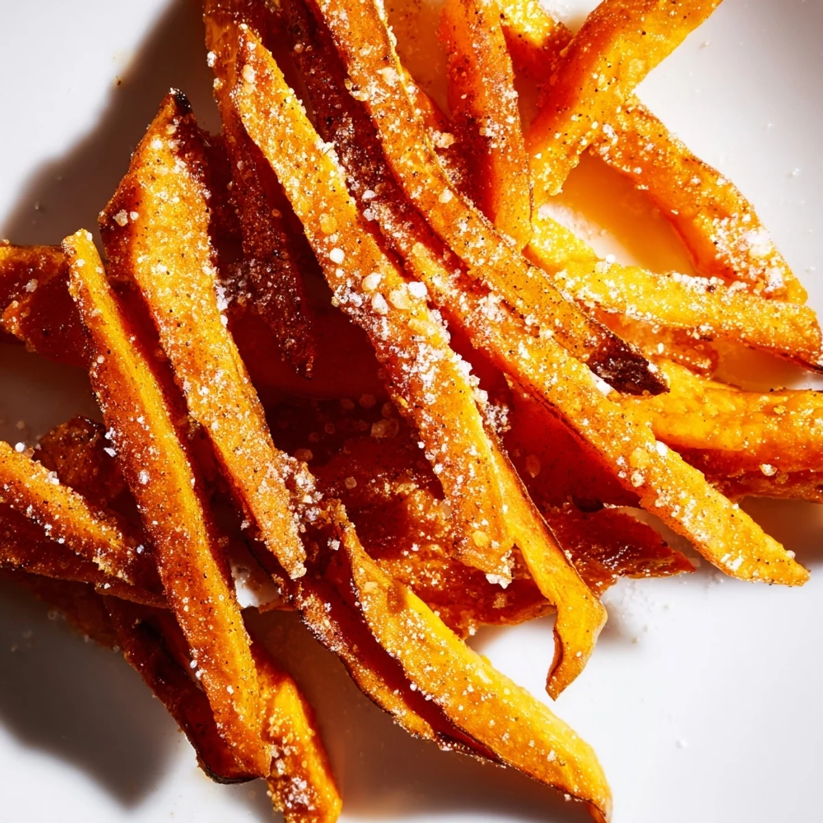 Golden, crispy air fryer sweet potato fries with a smoky paprika seasoning, served in a white bowl.