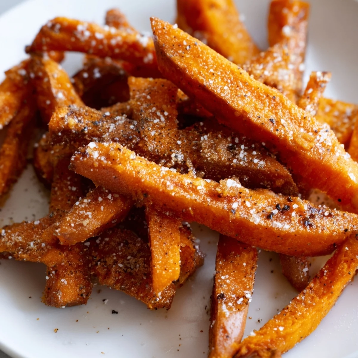 Homemade air fryer sweet potato fries with crisp edges and soft centers, plated alongside a ketchup dipping sauce.