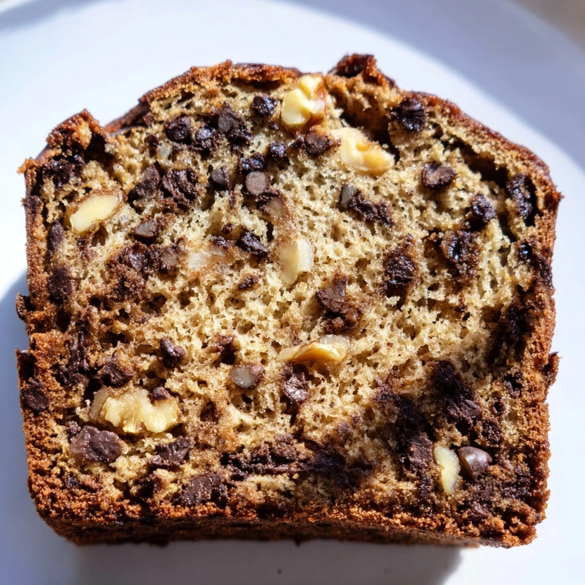Slice of warm Chocolate Chip Banana Bread with Walnuts on a white plate, showing visible nutty chunks and gooey chocolate.