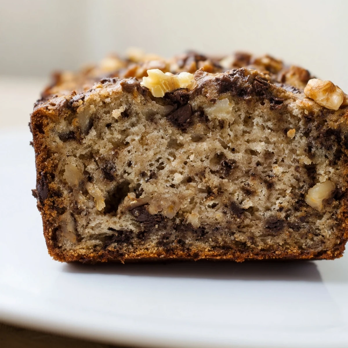 Freshly baked Chocolate Chip Banana Bread with Walnuts cooling on a wire rack, featuring a moist crumb and melted chocolate chips.