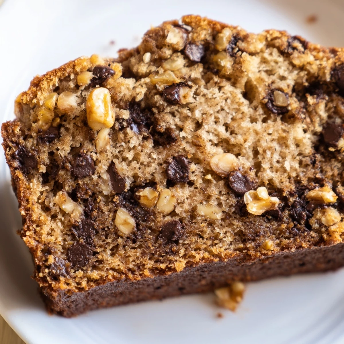 Homemade Chocolate Chip Banana Bread with Walnuts loaf cut into thick slices, ready to be served with a spread of butter.