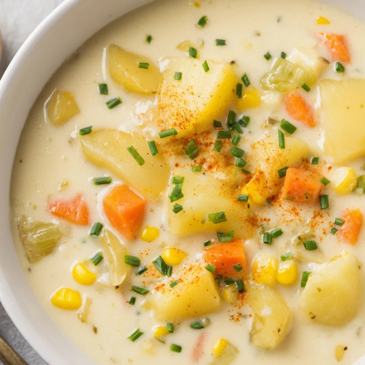 A bowl of creamy corn chowder topped with fresh chives and smoked paprika, served beside a slice of crusty bread.