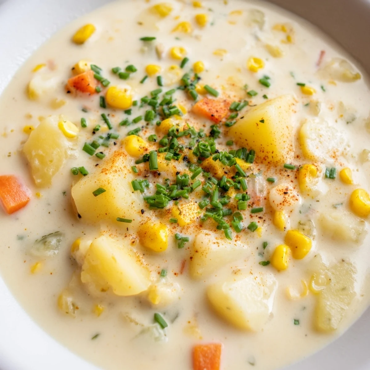 Homemade Creamy Corn Chowder with Smoked Paprika in a rustic mug, garnished with paprika and fresh chives for cozy dinners.