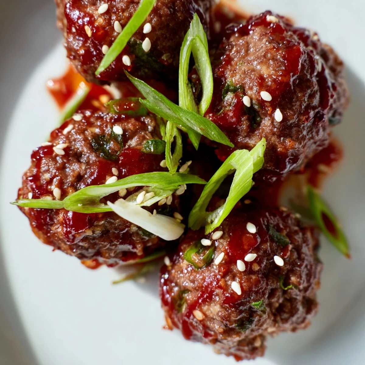 Golden-brown Spicy Sriracha Beef Meatballs rest on a baking sheet, flecked with green onions and ready to serve as a tasty appetizer.