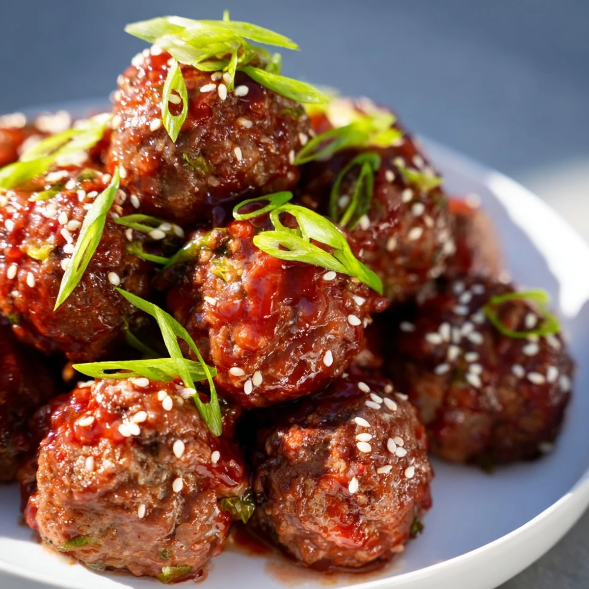 A close-up of Spicy Sriracha Beef Meatballs highlights their juicy texture, garnished with sesame seeds for an easy weeknight dinner.