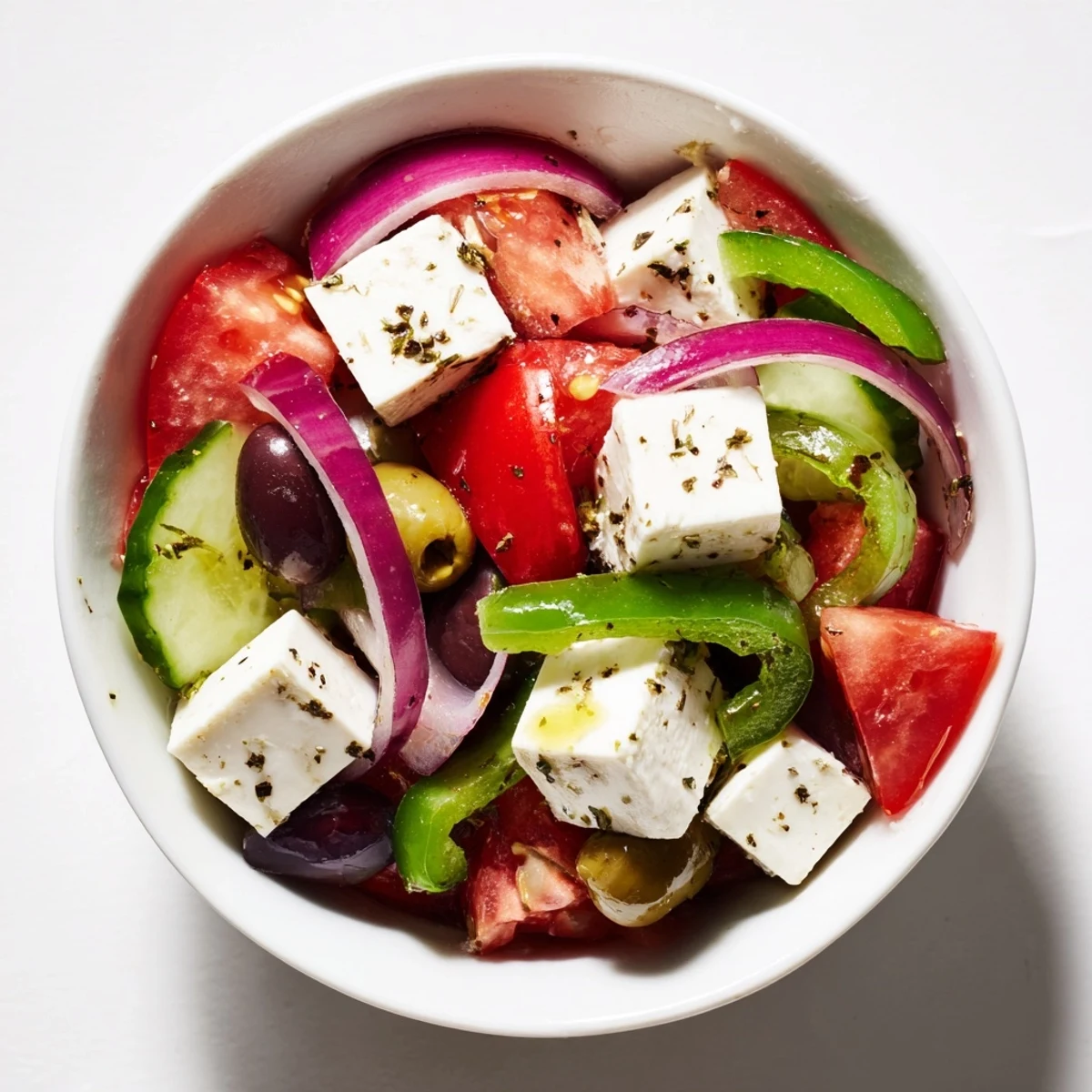 A vibrant bowl of Greek Salad with Kalamata Olives and Feta, topped with cubed cheese and briny olives.