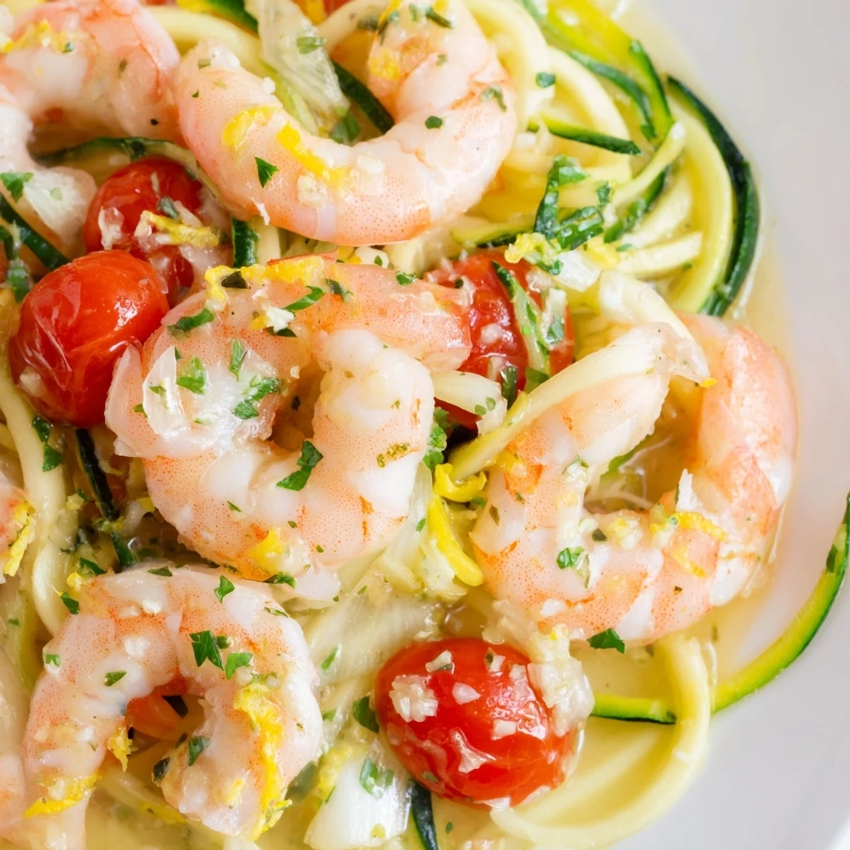 Golden shrimp with lemon wedges and parsley on vibrant green zucchini noodles, ready to serve for a low-carb dinner. 