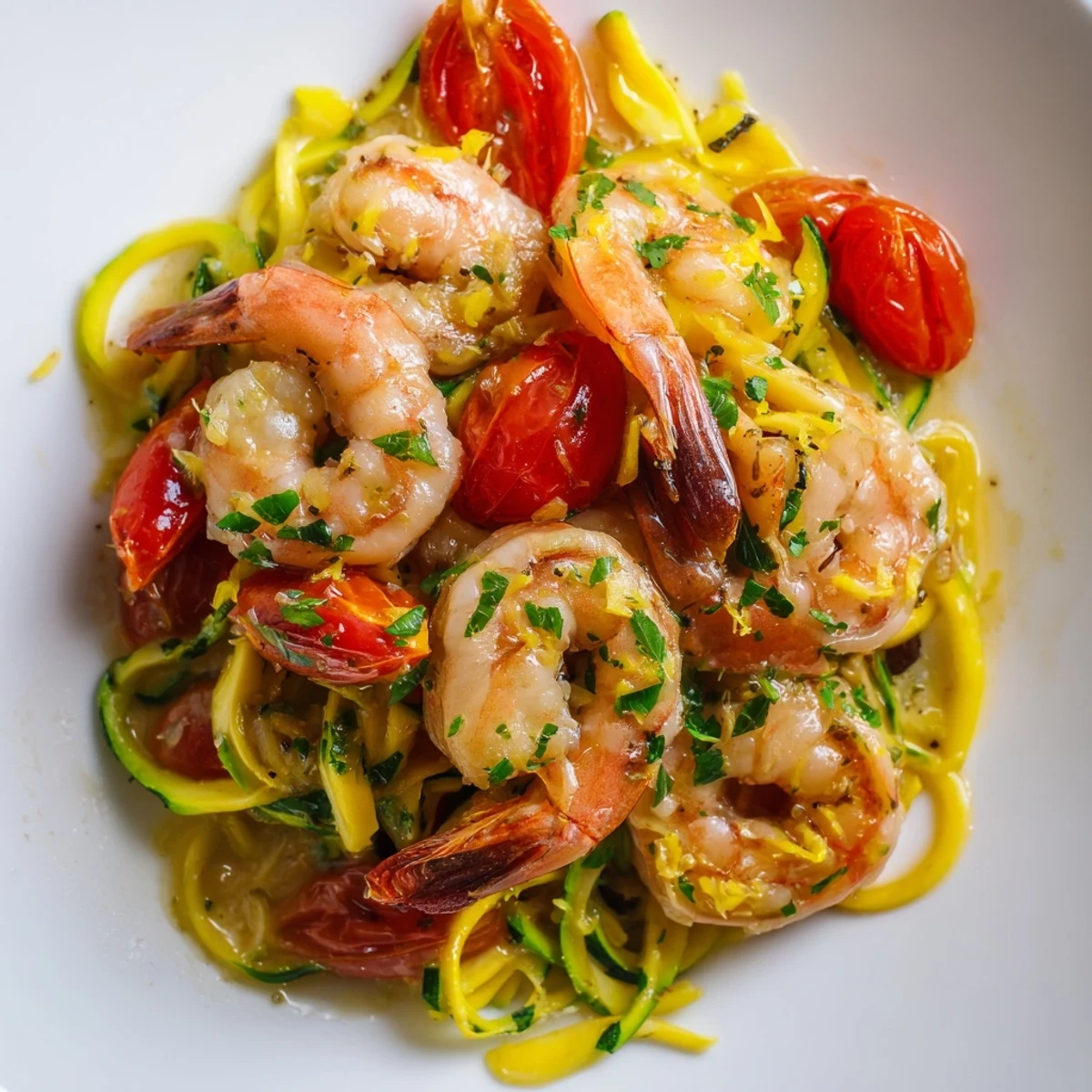 Freshly spiralized zucchini noodles and garlic shrimp sauté in a skillet, garnished with lemon wedges and parsley. 