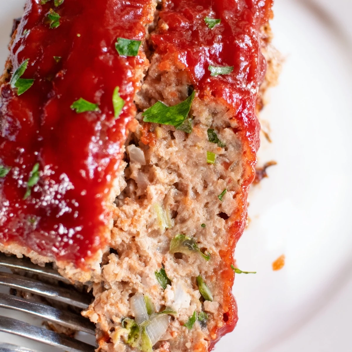 Freshly baked Turkey Meatloaf with Tomato Glaze rests sliced on a platter, its glossy red topping glistening under warm kitchen lights.