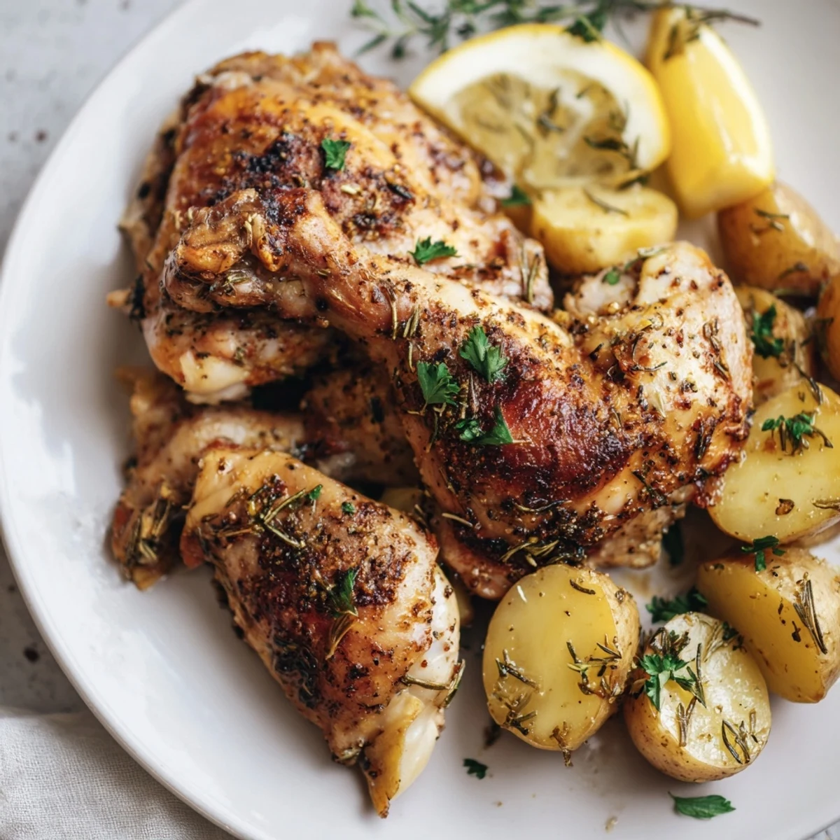 Roasted Lemon Garlic Roasted Chicken with Potatoes featuring golden, crispy potatoes and juicy, herb-seasoned chicken thighs.