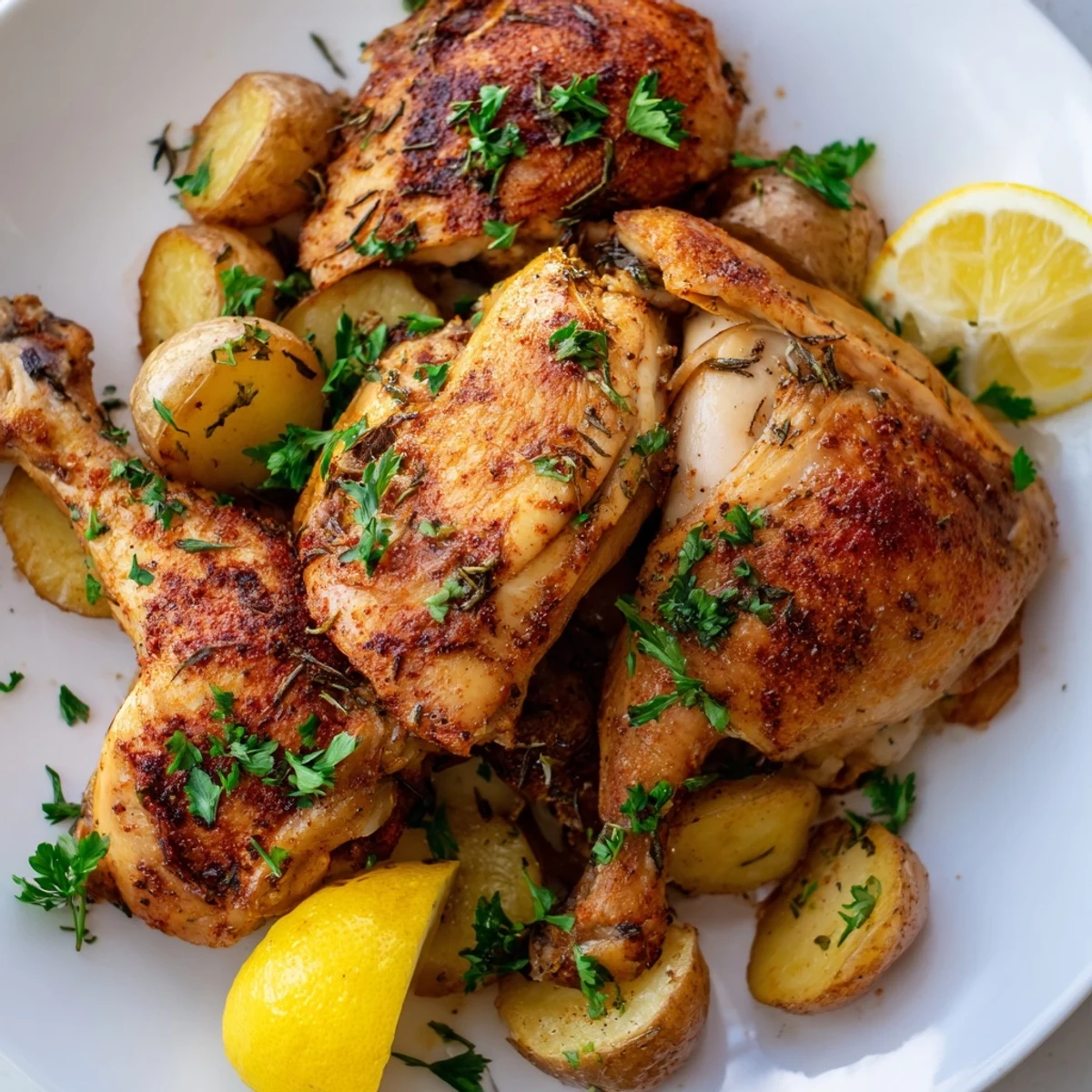 Golden-brown Lemon Garlic Roasted Chicken with Potatoes on a rustic platter next to fresh parsley and lemon wedges.