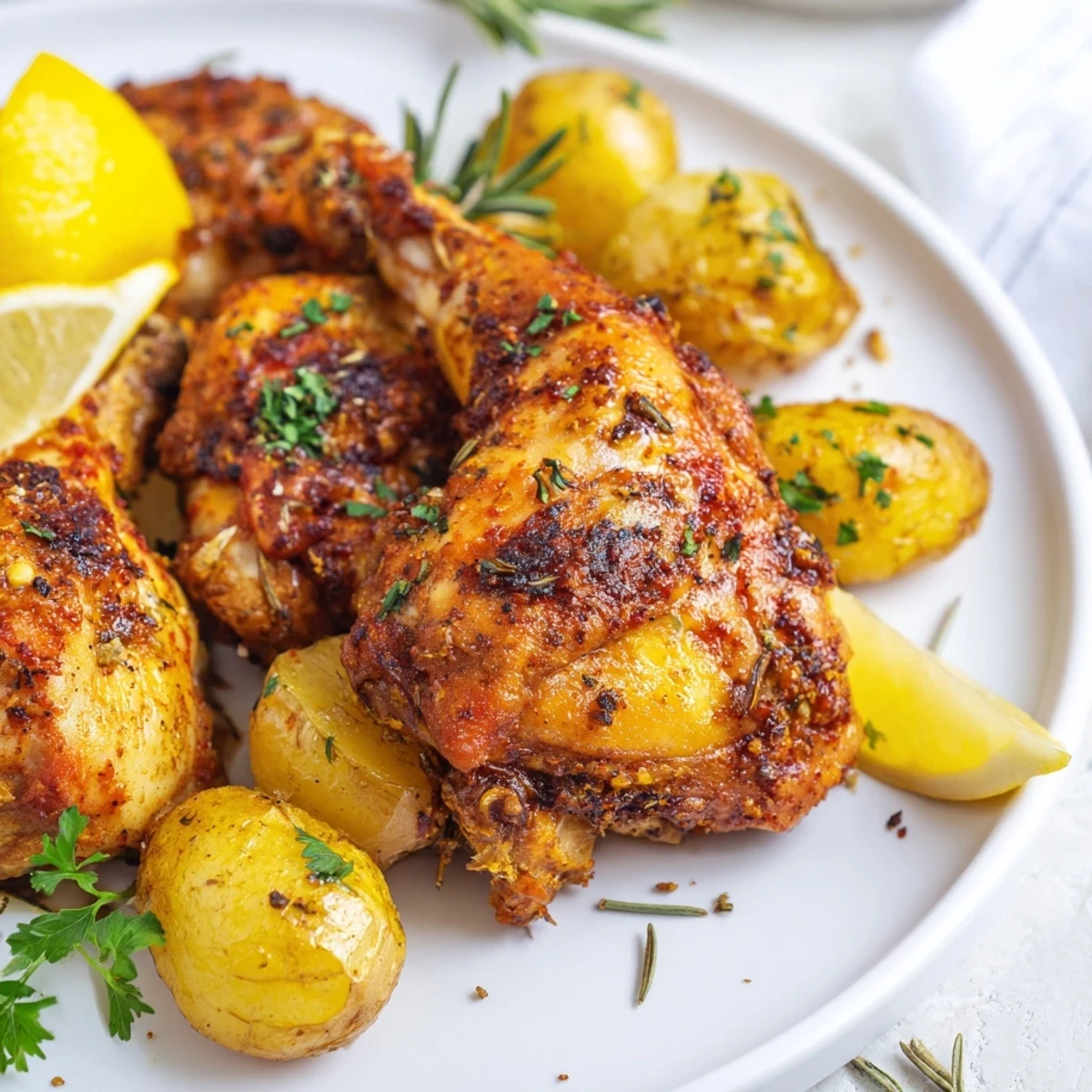 Whole roasted Lemon Garlic Roasted Chicken with Potatoes surrounded by caramelized potatoes, glistening with pan juices and herbs.