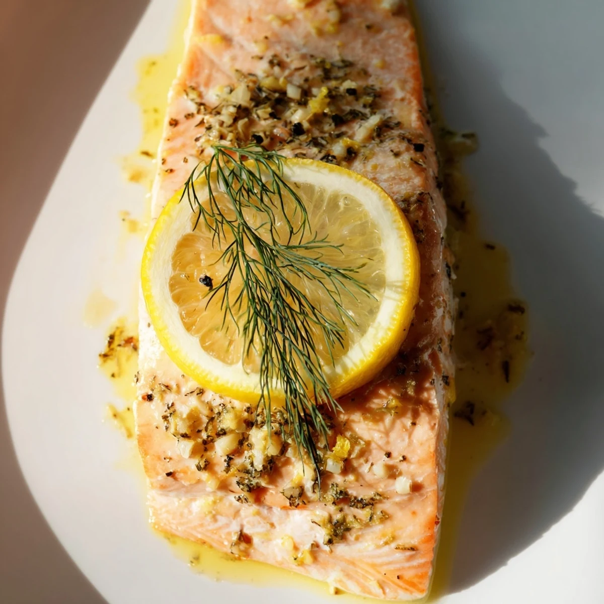 Golden baked salmon fillet topped with lemon slices, fresh dill, and garlic on a baking sheet, ready to serve.