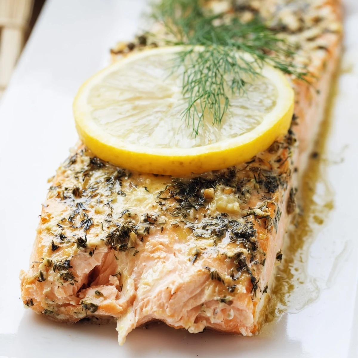 Flaky and tender baked salmon fillet with lemon and herbs, served alongside roasted vegetables for a healthy dinner.