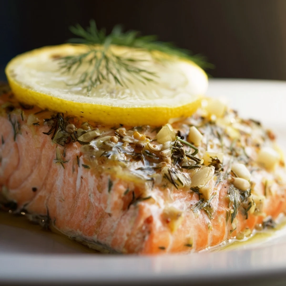 Moist oven-baked salmon fillet garnished with fresh dill and lemon, sitting on parchment paper with visible garlic herbs.