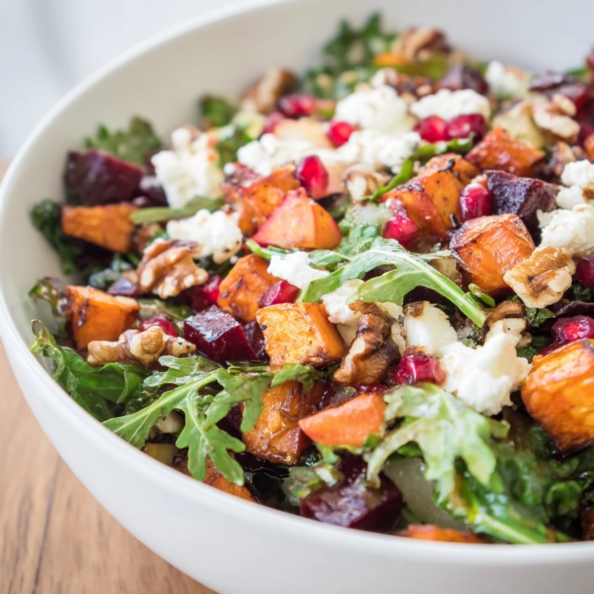 Roasted carrots and sweet potato add warmth to this Winter Salad Mix, topped with creamy goat cheese and crunchy walnuts.