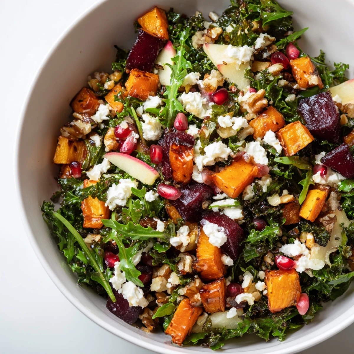 A vibrant Winter Salad Mix with kale, arugula, and bright citrus dressing, served on a rustic plate.
